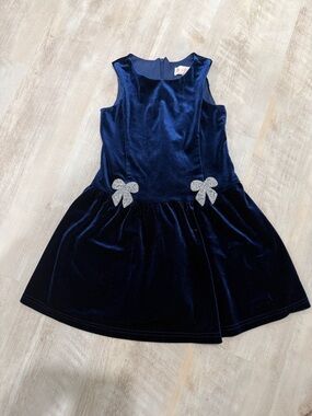 Biscotti Navy Velvet Dress with Silver Bow Accents